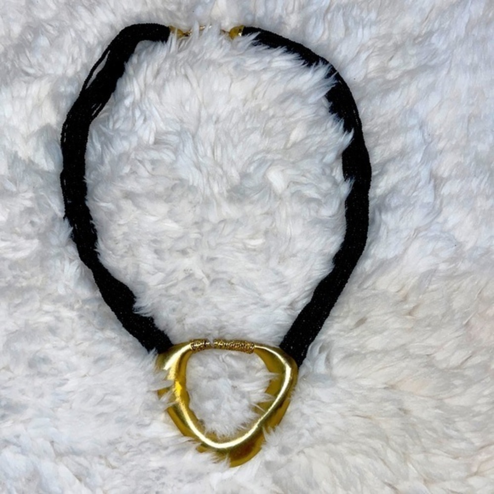 Vintage Black Seed Bead With Gold Pendant Necklace